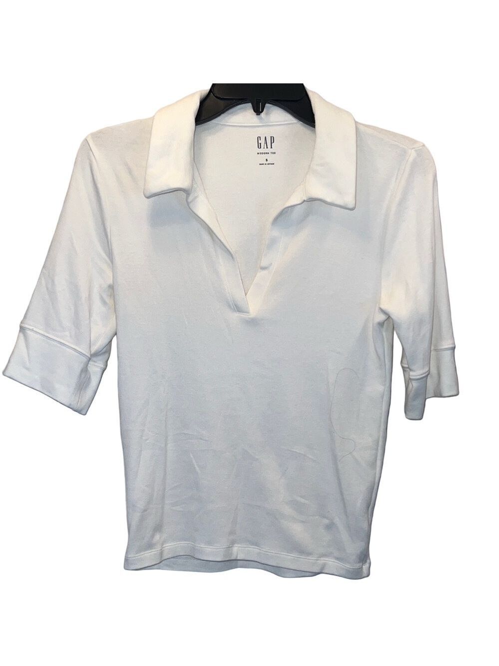 GAP Women's White Short-Sleeve Polo V-Neck Top, SZ S, (0023)